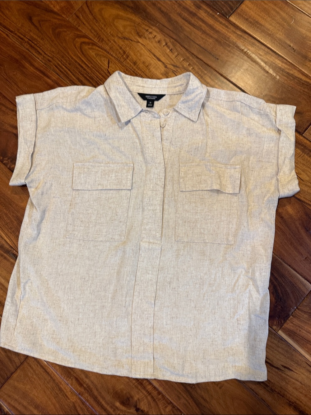 Simply Vera Vera Wang Beige Short-Sleeve Button-Front Shirt, linen blend, medium